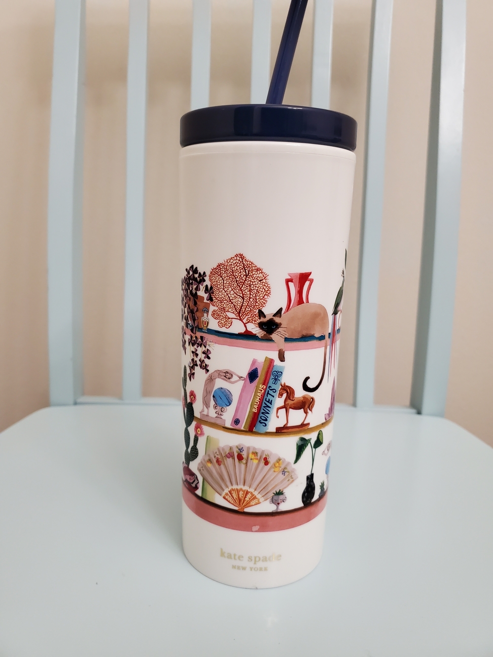 kate spade Bookshelf Design White & Navy Illustrated  Tumbler